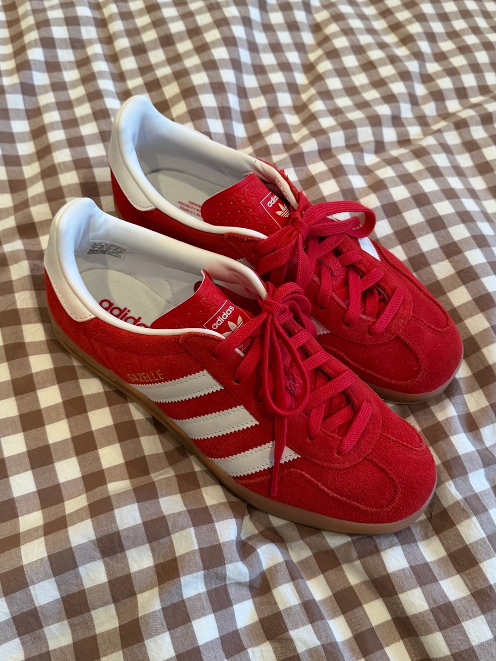 adidas Red Suede Gazelle Sneakers with White Stripes